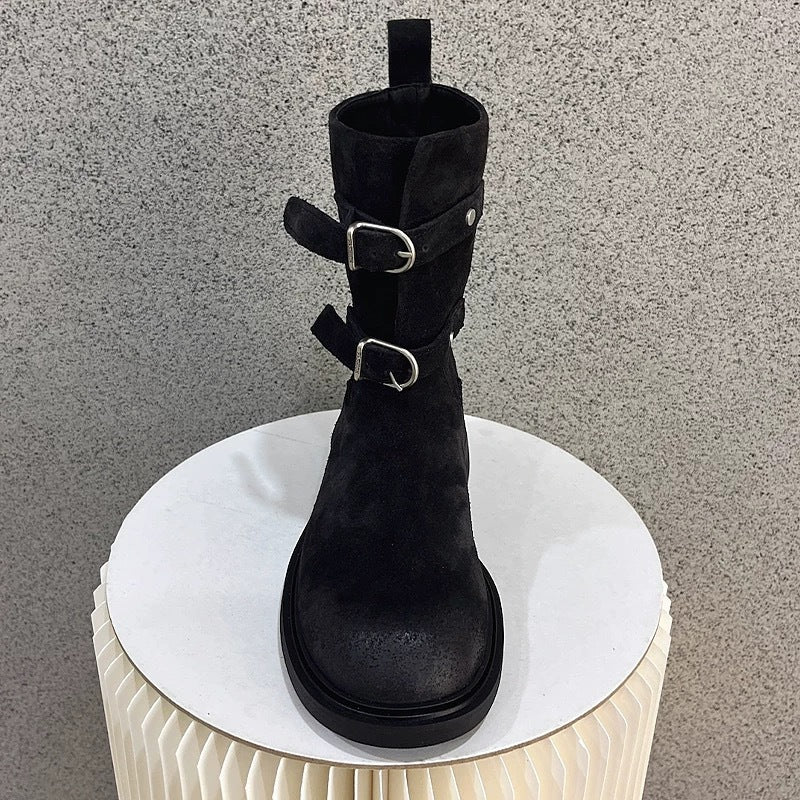 Women's Toe Belt Buckle Martin Chunky Western Boots