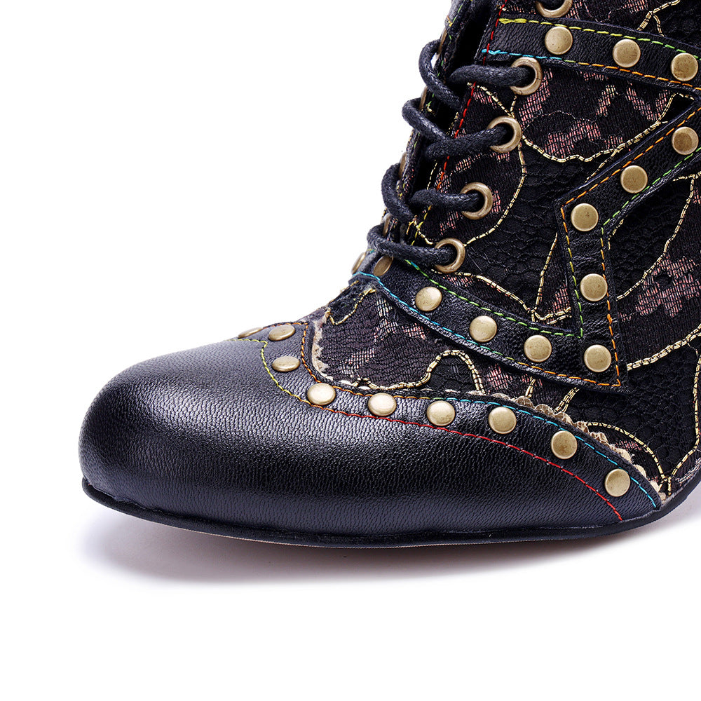 Women's Handmade Genuine Brushed Stitching Rivet Retro Heels