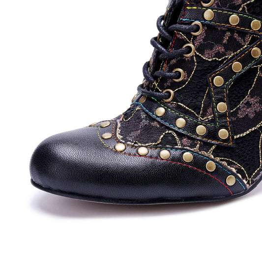 Women's Handmade Genuine Brushed Stitching Rivet Retro Heels