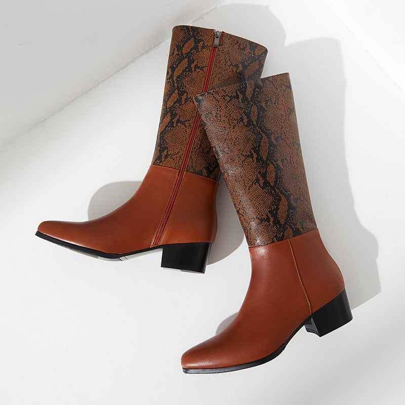 Men's Pointed Toe Fashion Brown Python Embossed Boots