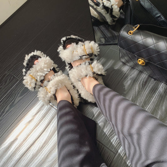 Open Toe Fluffy Outer Wear Platform Sandals