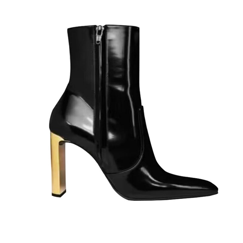 Mirror Patent Pointed Ankle Side Zip Cowhide Heels