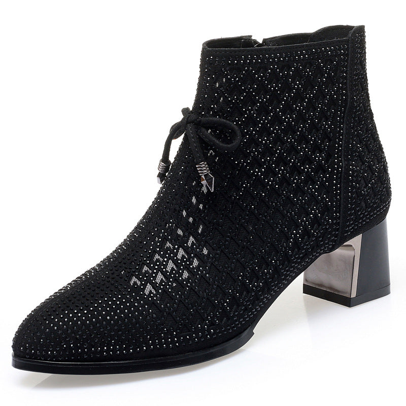 Women's Mesh Ankle Thick Single Rhinestone High Heels
