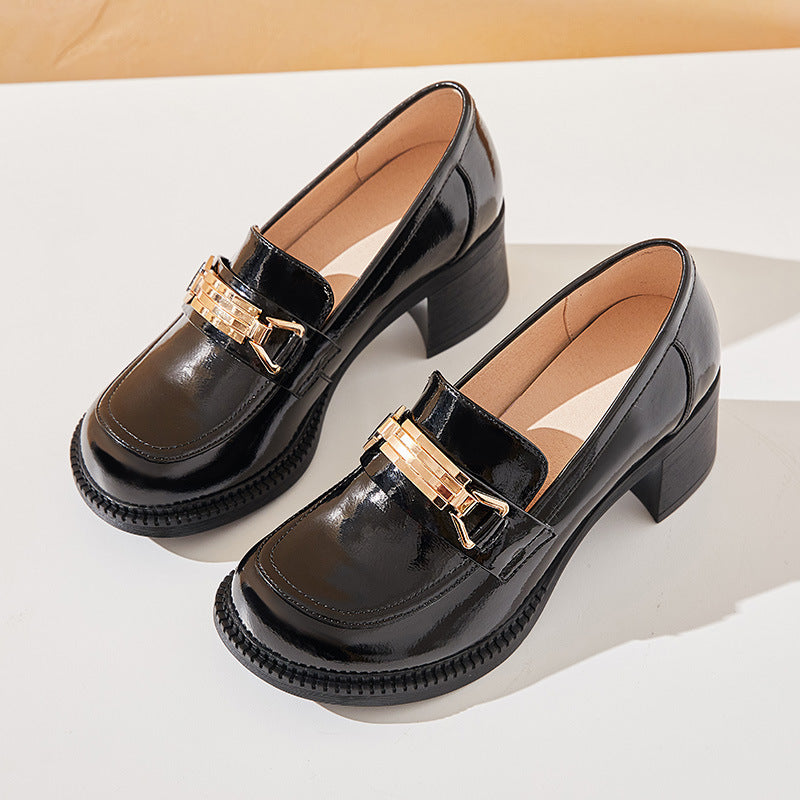 Women's Style Genuine Pumps Autumn Chunky Height Increasing Retro Round Casual Shoes