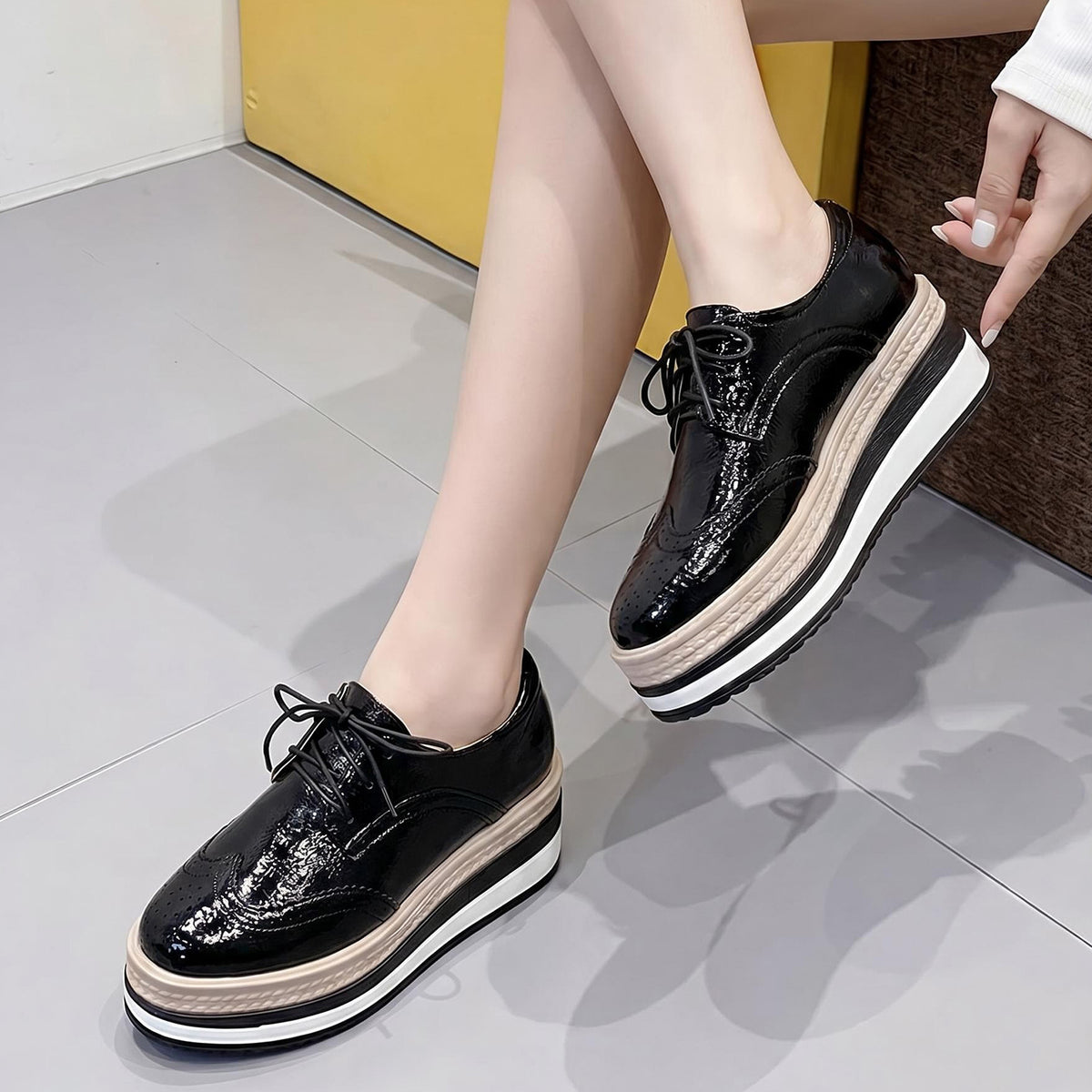 Women's Thick-soled Autumn Brogue With Hidden Elevator Height Increasing Heels