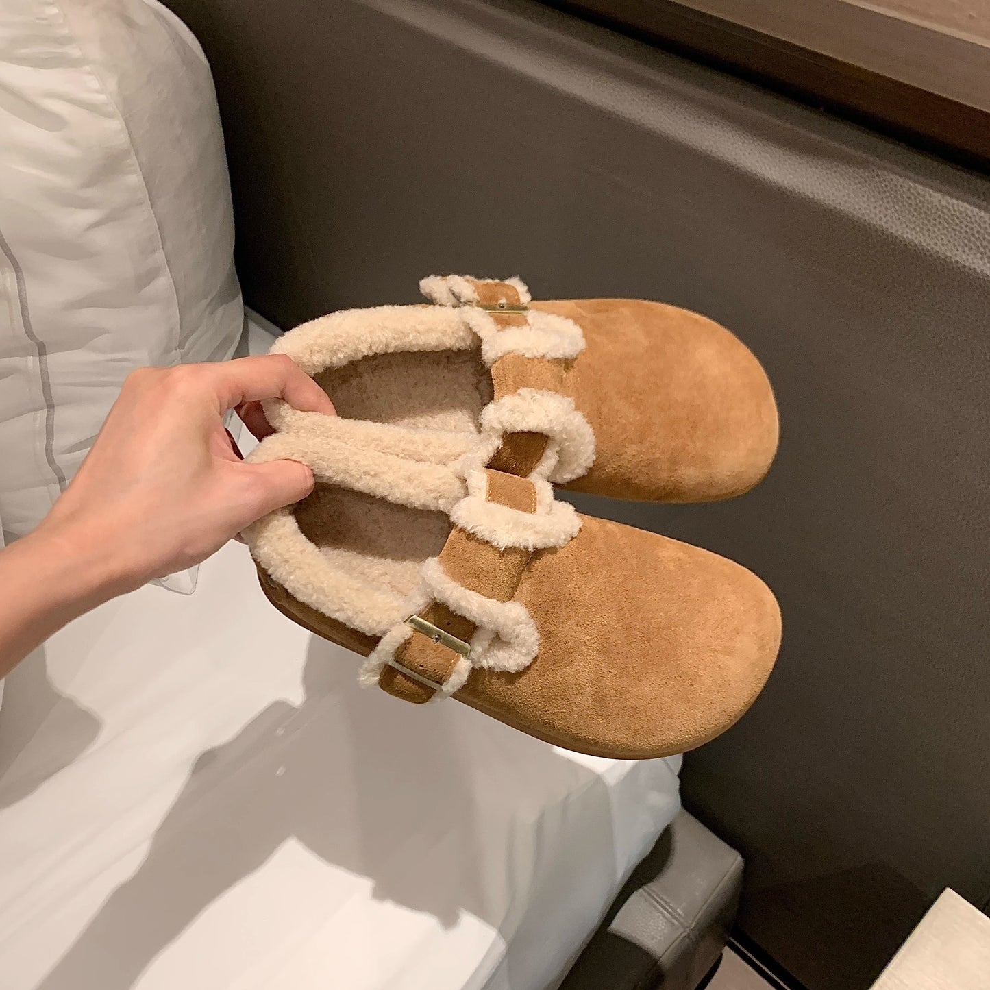 Fluffy Lamb Wool Female Winter Vintage Women's Shoes