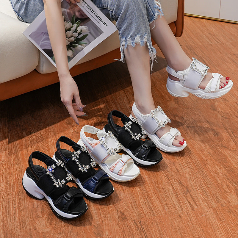 Women's Summer Rhinestone Square Buckle Platform Velcro Sandals