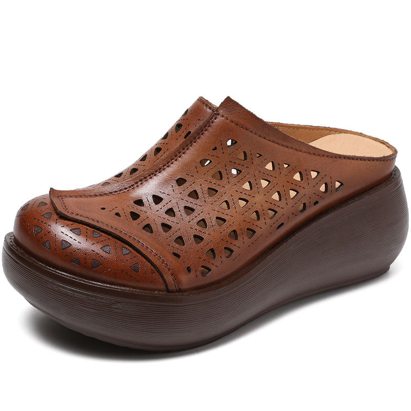 Women's Muffin Platform Closed Toe Hollow Hole Genuine Slippers