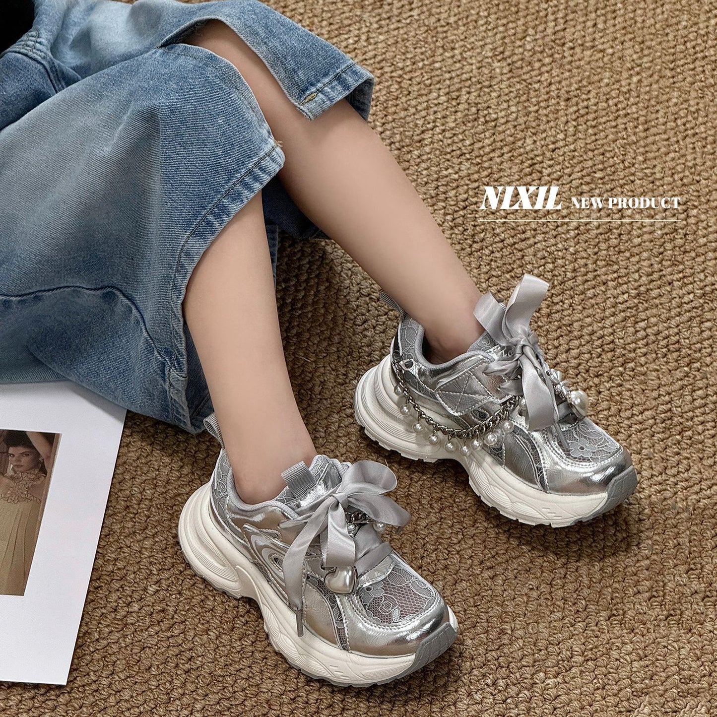Dad Pearl Lace Screen Sier Chain Kid's Sneakers
