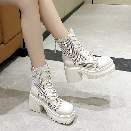 Women's Cowhide Platform Mesh Hollow Martin Small Boots
