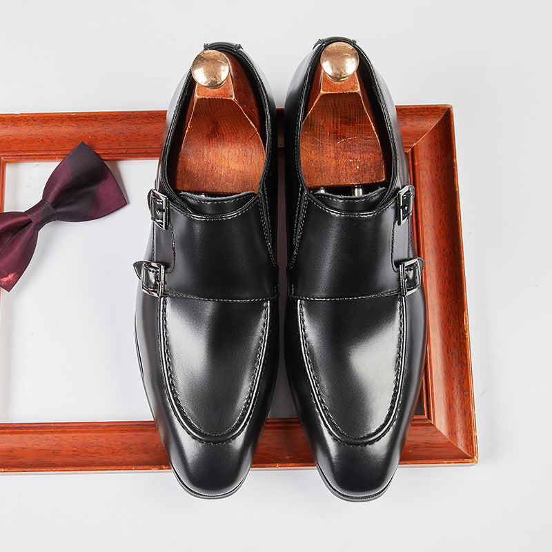Men's Pointed British Style Double Buckle Monk Leather Shoes