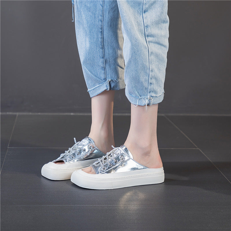 Women's Summer White Toe Cap Cowhide Flat Sandals