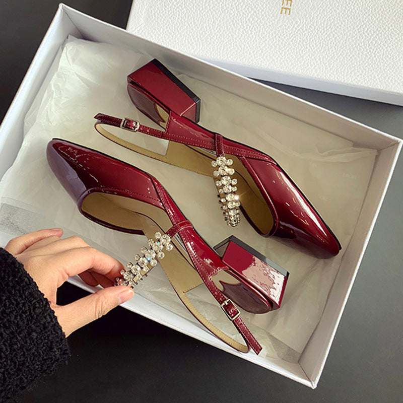 Women's Diamond Band Back Empty Square Toe Low-cut Thick Box Women's Shoes