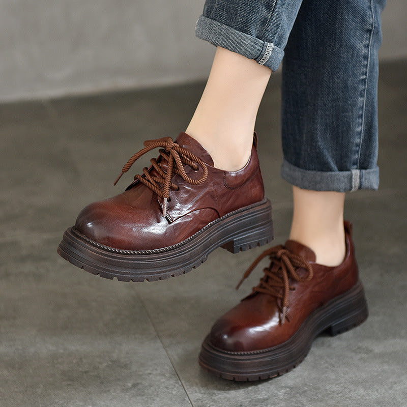Women's Layer Cowhide Round Toe Pumps Low Cut Women's Casual Shoes