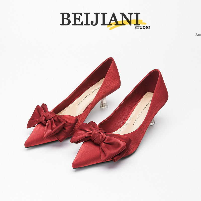 Women's Satin Bow High Pointed Toe Stiletto Mid Wedding Heels