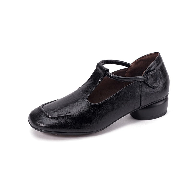 Women's Soft Cowhide Mary Jane Mid Chunky Low-cut Round Head Women's Fashion Shoes
