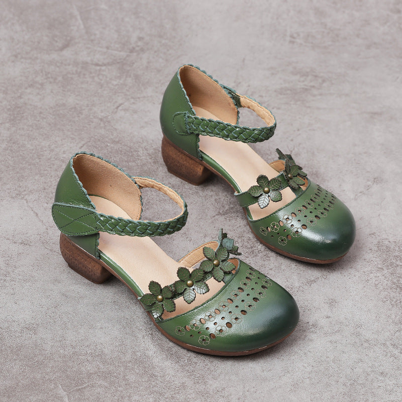Women's Ethnic Style Thick Mid Punching Hollow Sandals