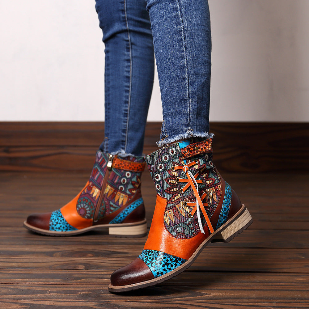 Women's Retro Printed Jacquard Side Zipper Flat Boots