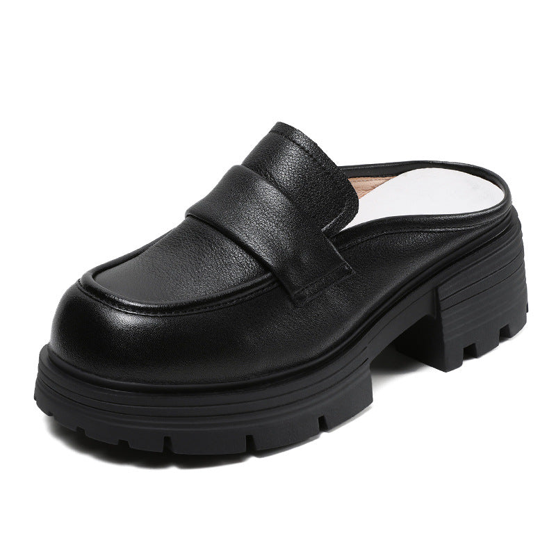 Women's Layer Cowhide Platform Mules One Pedal Small Toe Box Slippers