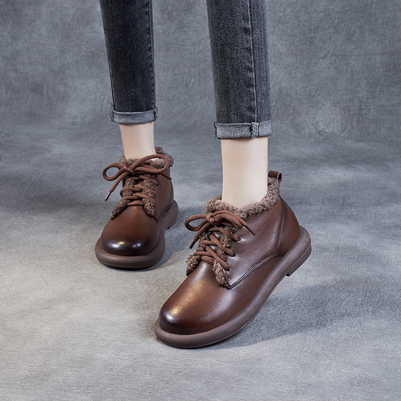 Women's First Layer Cowhide Winter Vintage Fleece-lined Women's Shoes