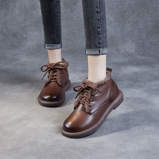 Women's First Layer Cowhide Winter Vintage Fleece-lined Women's Shoes