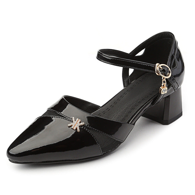 Women's Pointed Toe Chunky Closed Patent Cowhide Heels
