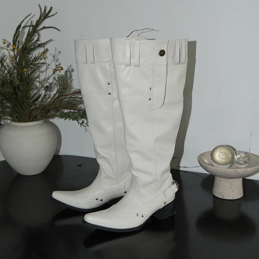Women's Pointed Toe High Pile Style White Retro Boots