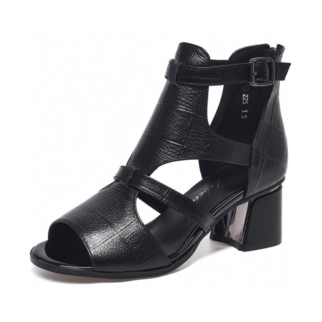 Women's Layer Cowhide Fish Mouth Chunky Roman Heels