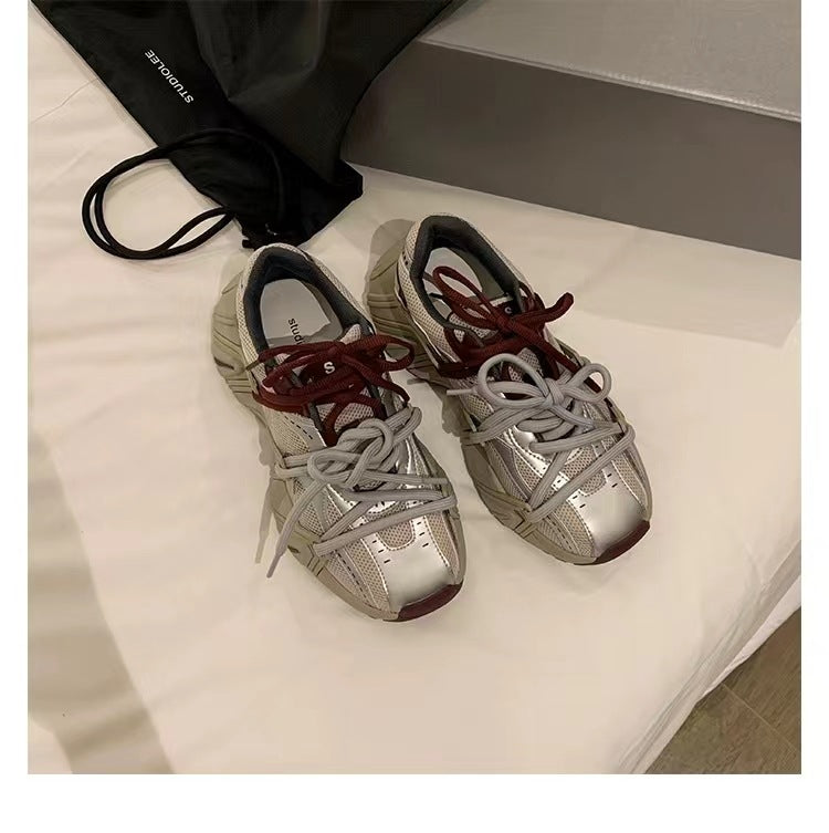 Women's Double Shoelace Mesh Stitching Thick Bottom Sneakers