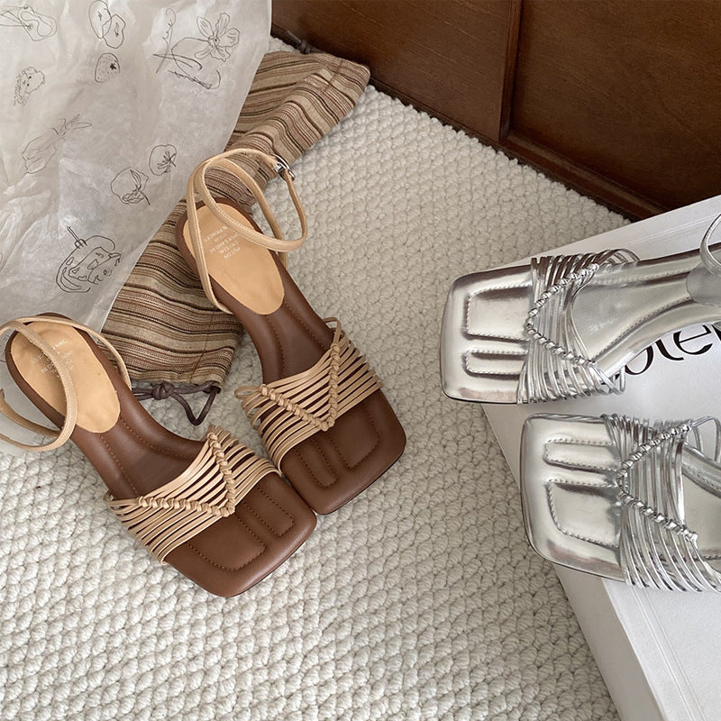 Women's Summer Step On Hand-woven Cowhide With Chunky Square Heels