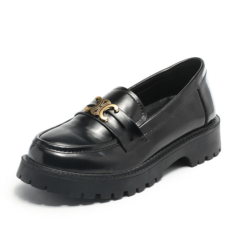 Women's Full Cowhide British Style Authentic Spring Pumps Platform Metal Leather Shoes