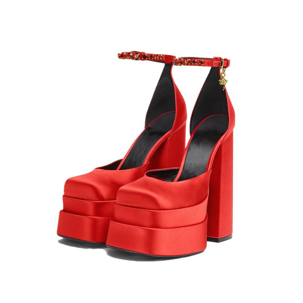 Viscose Super High Chunky Square Toe Double Layer Waterproof Heels