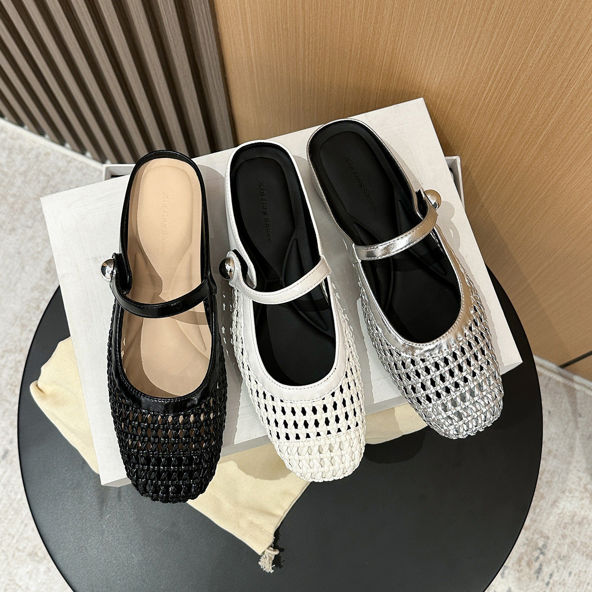 Women's Toe Woven Hollowed Breathable Height Increasing Insole Back Open Flat Women's Fashion Shoes