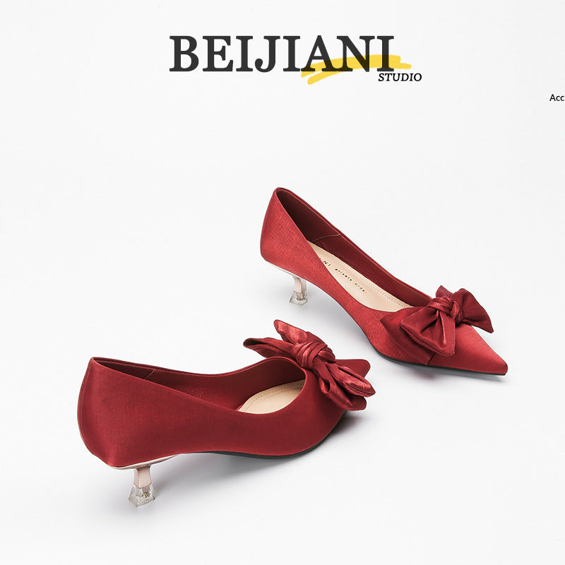 Women's Satin Bow High Pointed Toe Stiletto Mid Wedding Heels