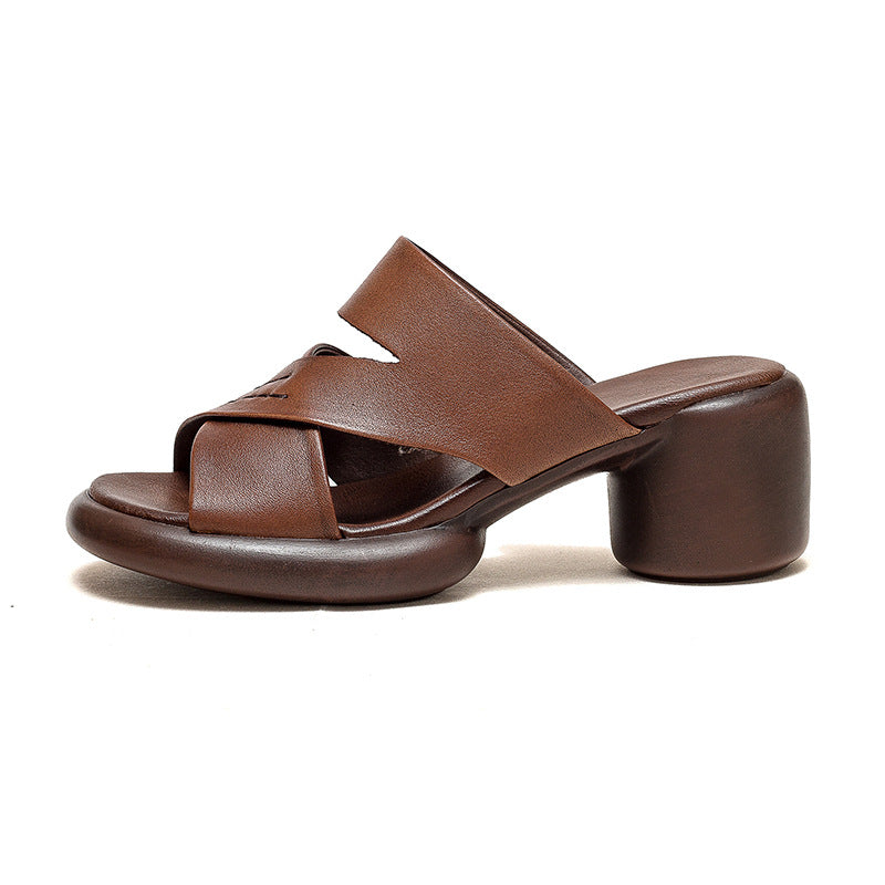Women's Hollow Breathable High Top Layer Cowhide Heels