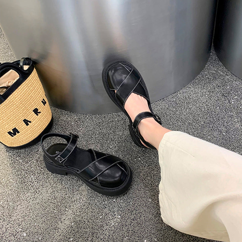 Grape Mom Summer Cross Surface Platform Chunky Buckle Heels