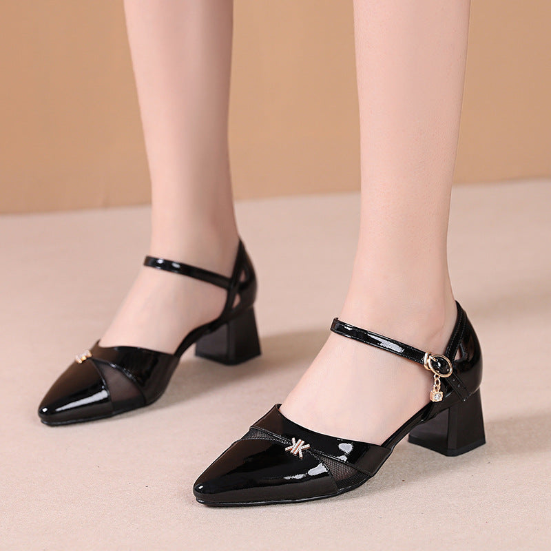 Women's Pointed Toe Chunky Closed Patent Cowhide Heels