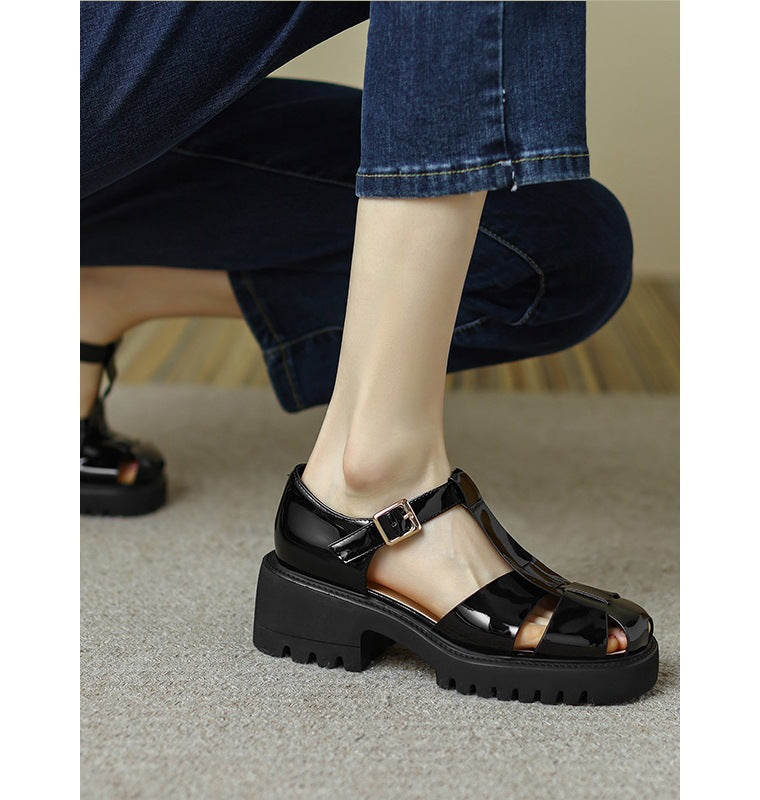 Women's Weave Roman Thick Bottom Toe Cap Heels