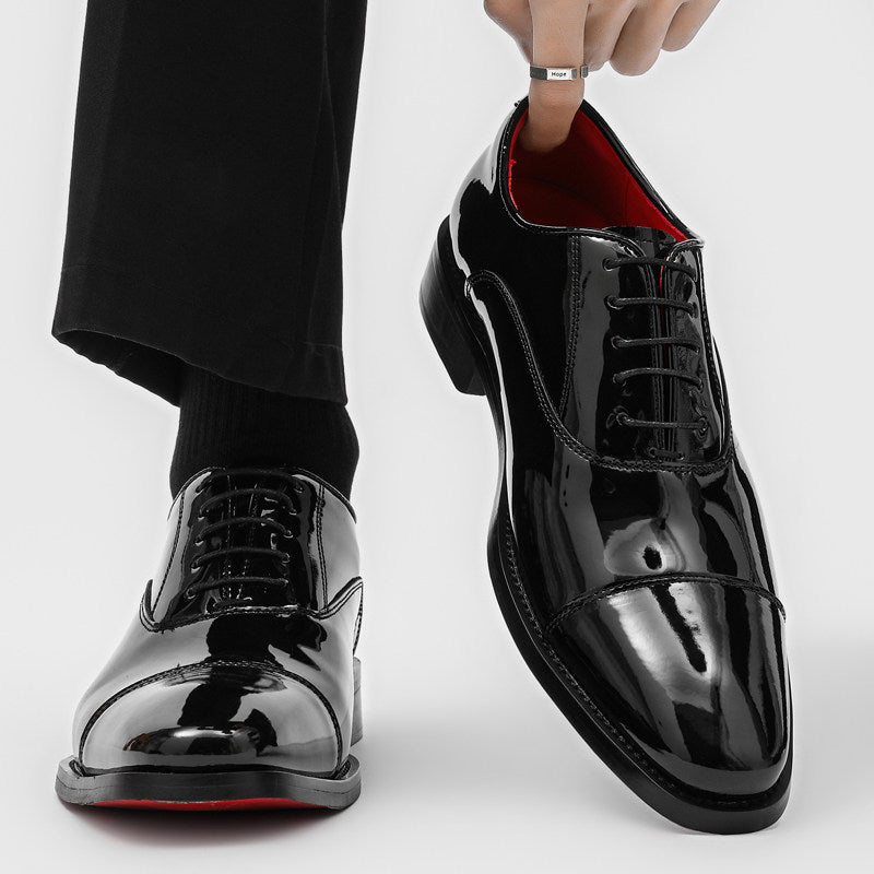 Men's Black Glossy British Red Bottom Commuter Derby Thick Men's Business Leather Shoes