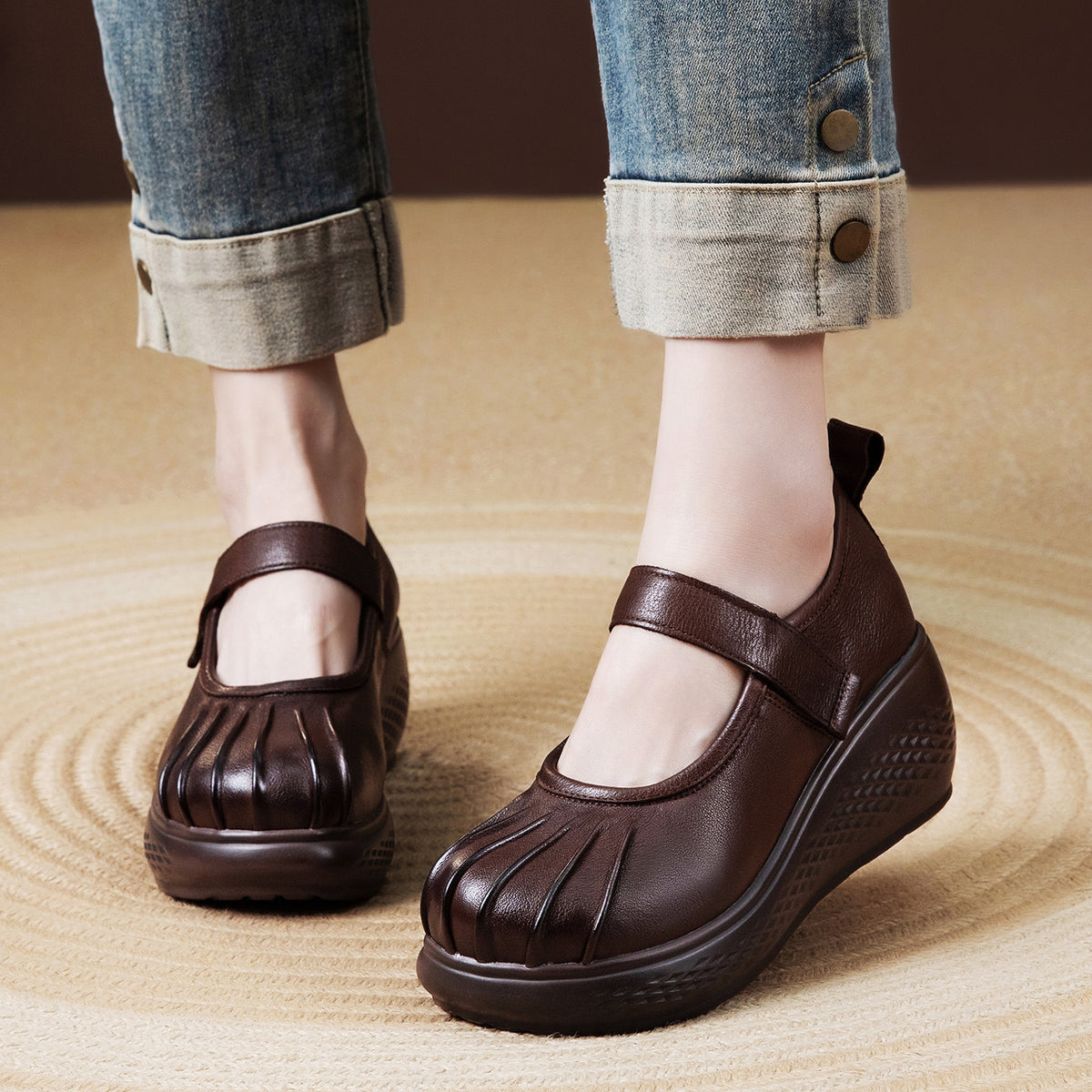 Women's Ethnic Style Handmade Genuine Wedge Thick Bottom Shallow Mouth Magic Women's Fashion Shoes