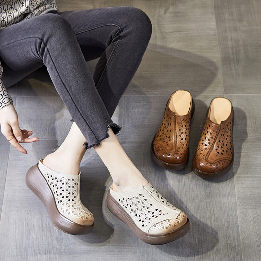Women's Muffin Platform Closed Toe Hollow Hole Genuine Slippers