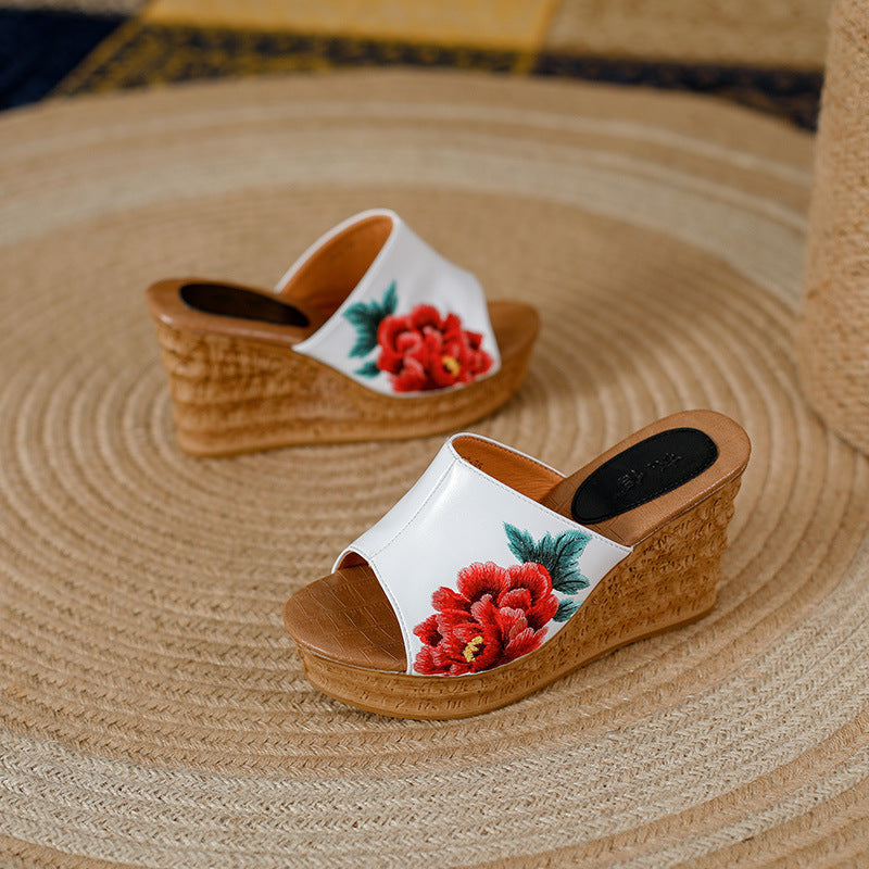 Women's Peony Embroidered Summer High Peep Toe Heels