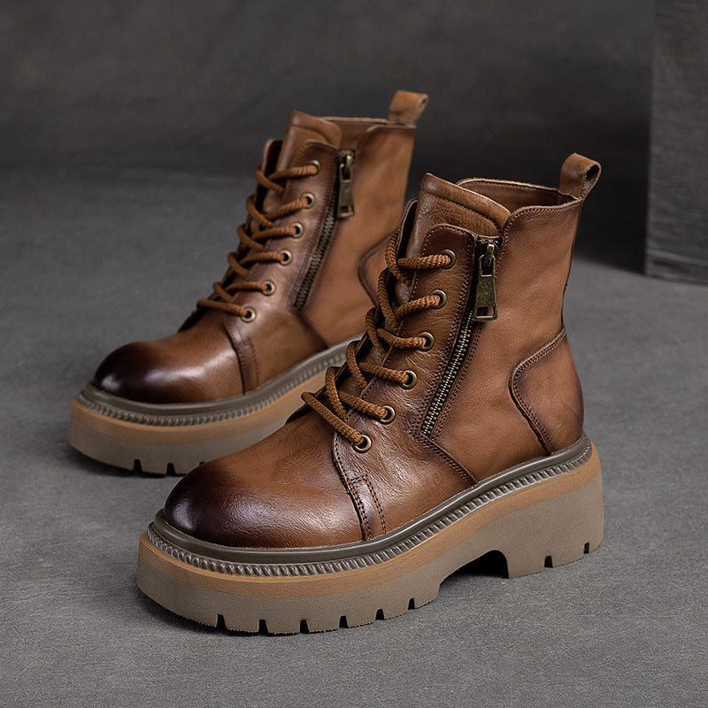 Women's & Men's Thick-soled British Style Ankle Top Layer Cowhide Boots