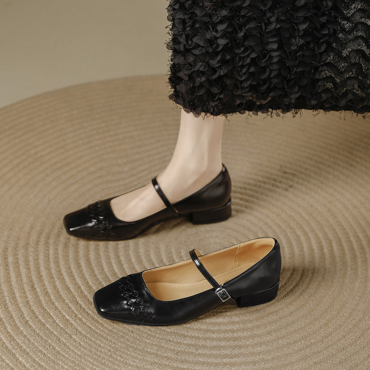 French Style Weave Vintage Pumps Female Square Toe Word With Women's Fashion Shoes