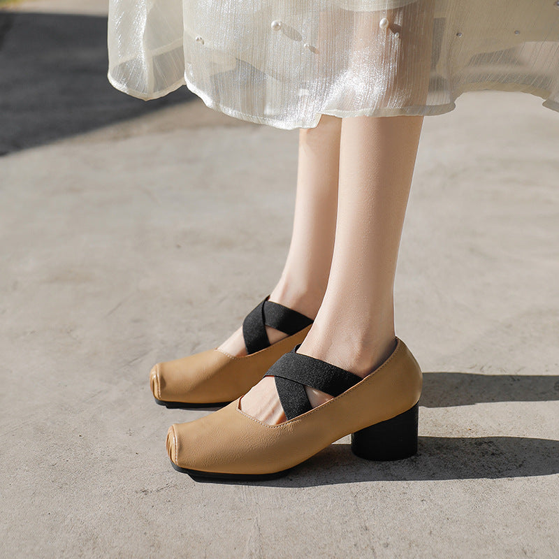 Women's Mary Jane Pleated Square Toe Vintage Chunky Ballet Women's Shoes