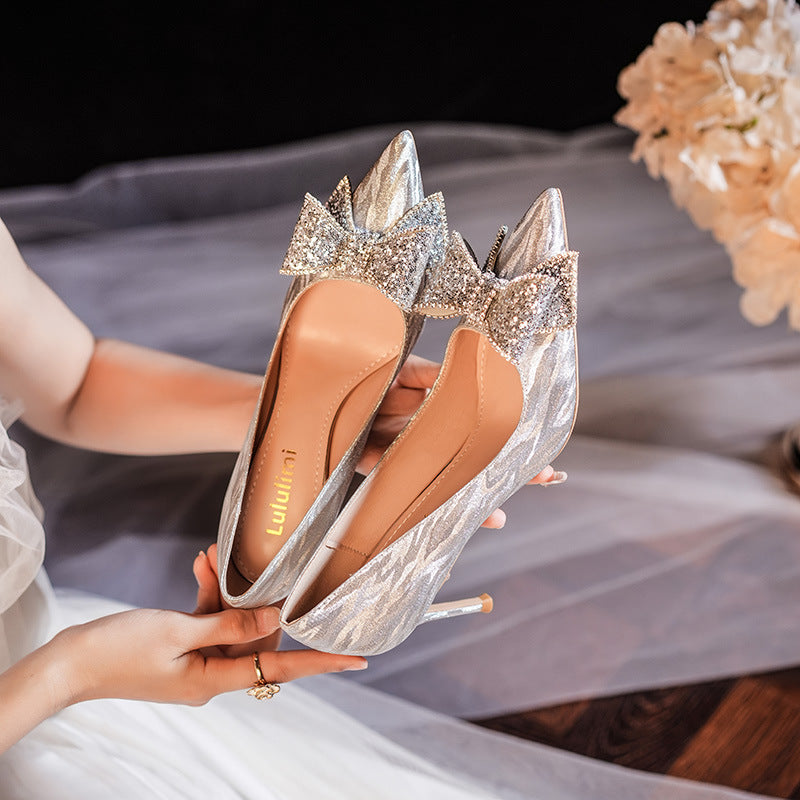 Crystal Wedding Stiletto Pointed Shiny Bridesmaid Sier Heels