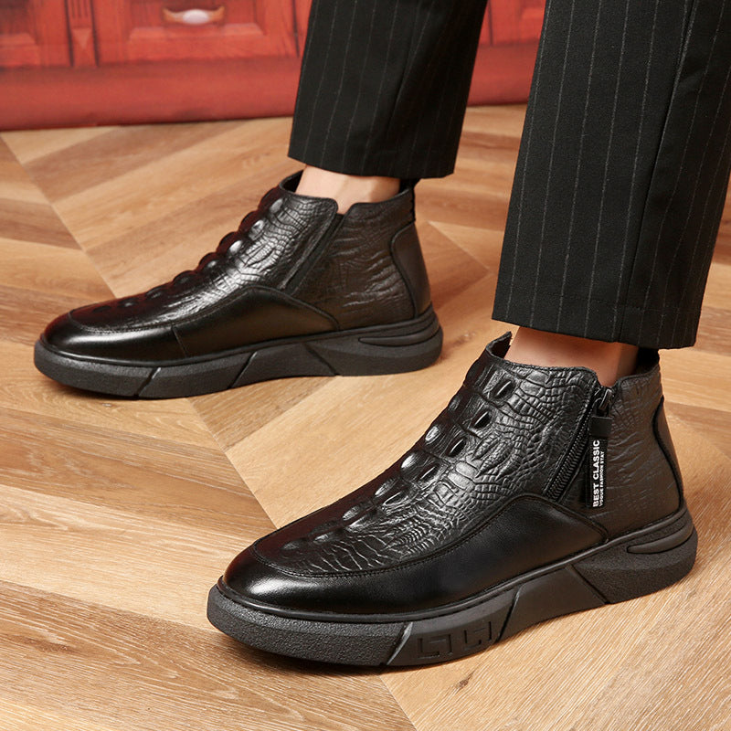 Men's Winter First Layer Cowhide Crocodile Pattern Wool Cotton Fleece-lined Men's Shoes