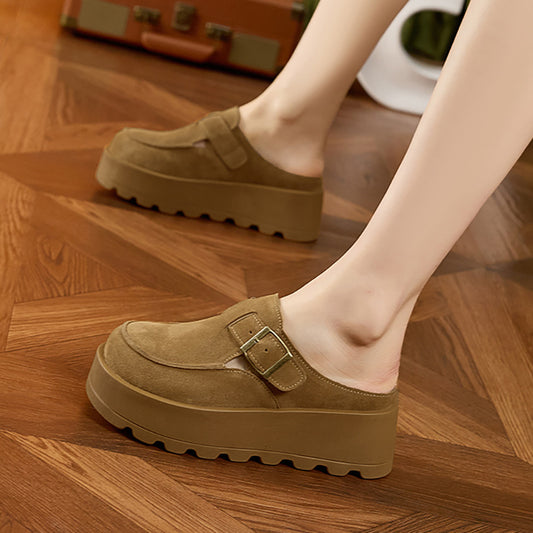 Women's Thick Bottom Elevator Wild Genuine Muffin Closed Toe Half Slippers