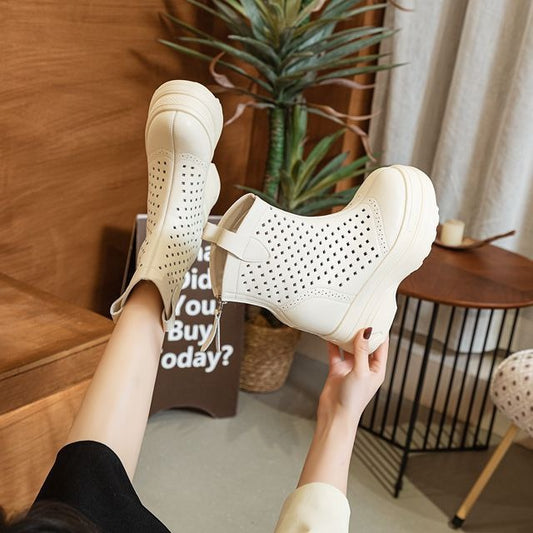 Women's Platform Skinny Elevator Perforated High Riding Boots