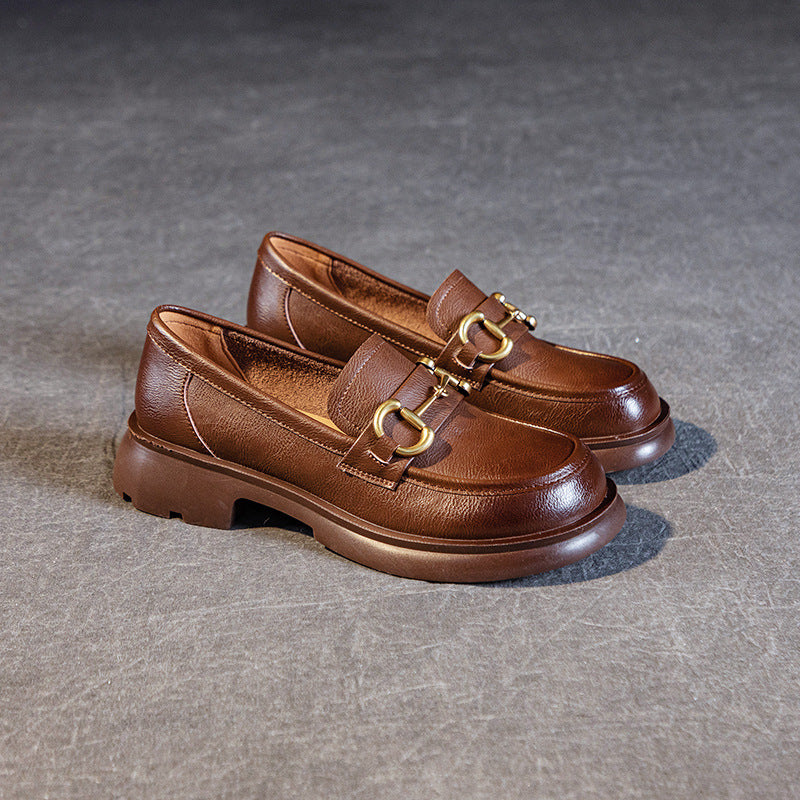 Women's Single-layer Cowhide Metal Buckle Mid Soft Loafers